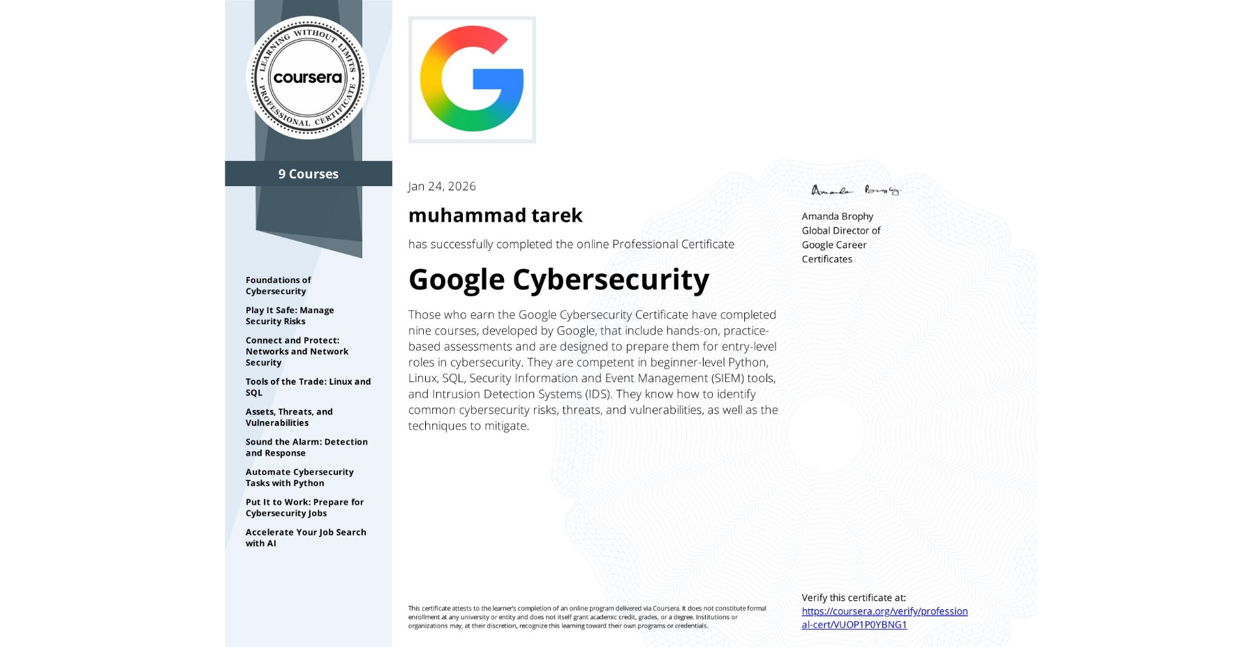 Google Cybersecurity Professional Certificate